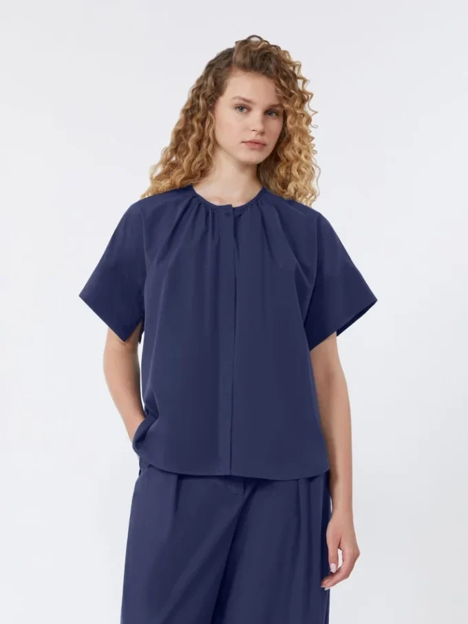 Baumwoll-Popeline-Shirt mit Rundhalsausschnitt, marineblau Baumwoll-Popeline-Shirt mit Rundhalsausschnitt, marineblau