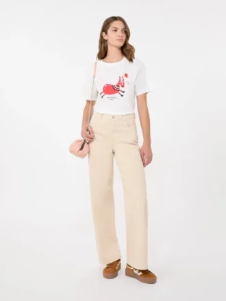 Baumwoll-T-Shirt mit Aufdruck und Stickerei, weiß