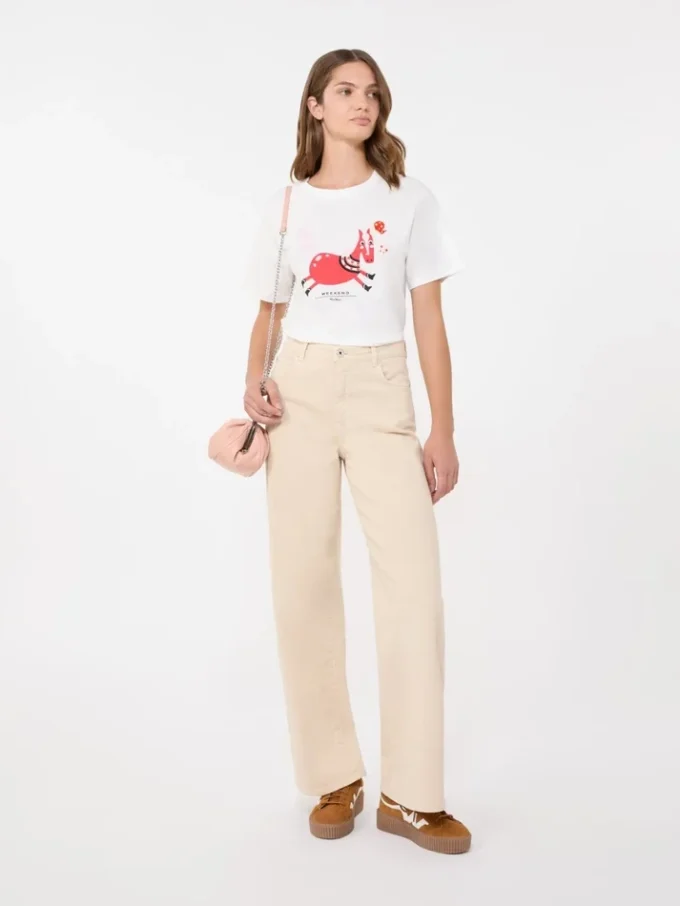 Baumwoll-T-Shirt mit Aufdruck und Stickerei, weiß Baumwoll-T-Shirt mit Aufdruck und Stickerei, weiß