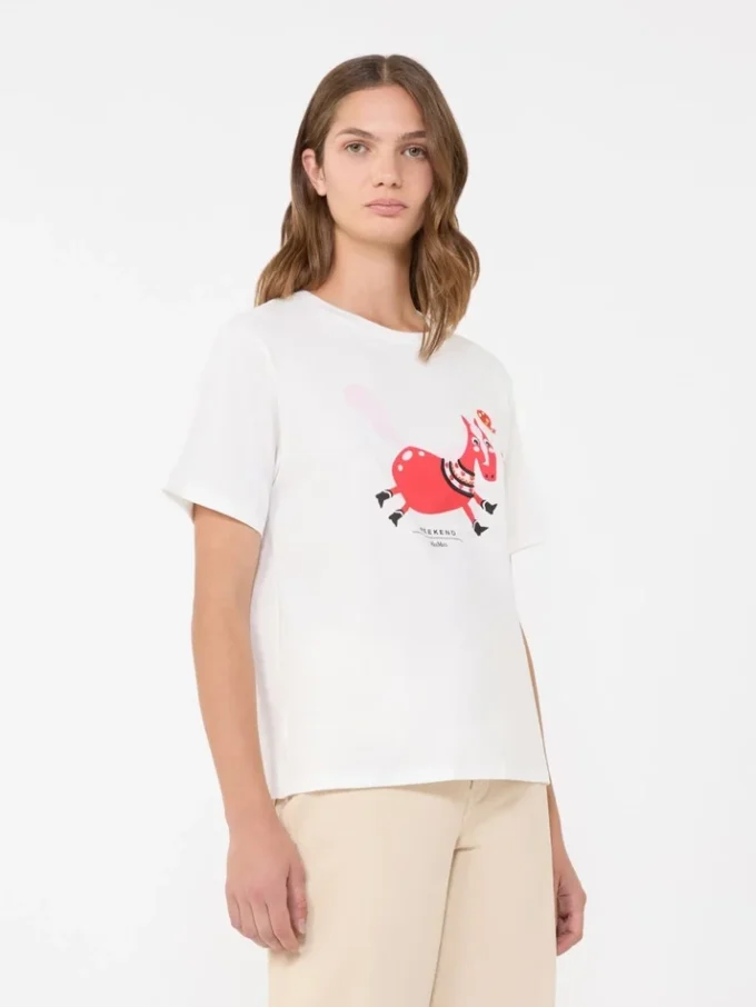 Baumwoll-T-Shirt mit Aufdruck und Stickerei, weiß Baumwoll-T-Shirt mit Aufdruck und Stickerei, weiß