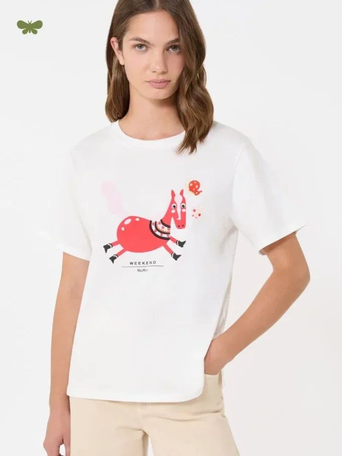 Baumwoll-T-Shirt mit Aufdruck und Stickerei, weiß Baumwoll-T-Shirt mit Aufdruck und Stickerei, weiß