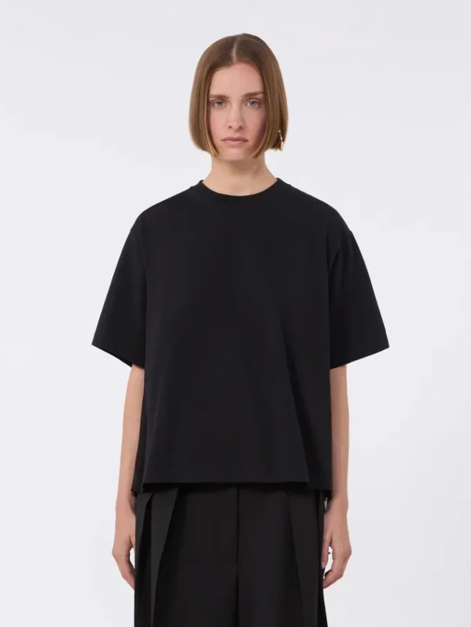 Baumwoll-T-Shirt mit plissiertem Rücken, schwarz Baumwoll-T-Shirt mit plissiertem Rücken, schwarz