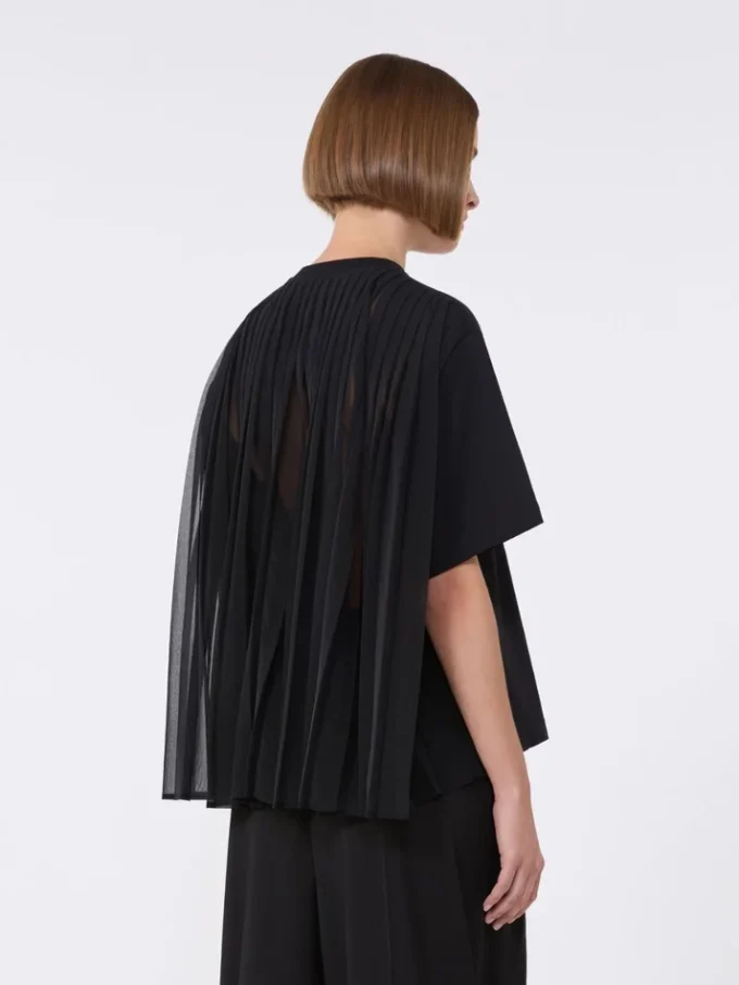 Baumwoll-T-Shirt mit plissiertem Rücken, schwarz Baumwoll-T-Shirt mit plissiertem Rücken, schwarz