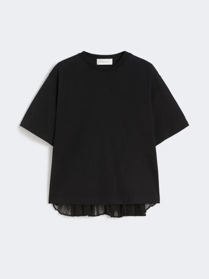 Baumwoll-T-Shirt mit plissiertem Rücken, schwarz Baumwoll-T-Shirt mit plissiertem Rücken, schwarz