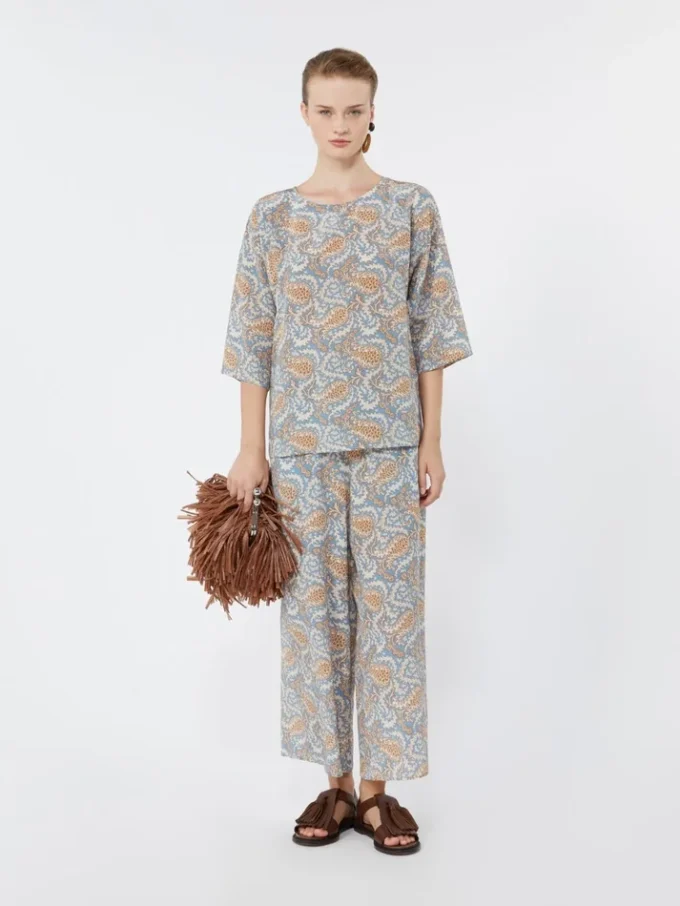 Bedruckte Bluse aus Seidenkrepp, hellblau Bedruckte Bluse aus Seidenkrepp, hellblau