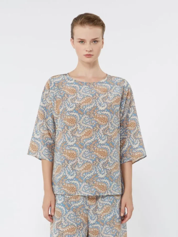 Bedruckte Bluse aus Seidenkrepp, hellblau Bedruckte Bluse aus Seidenkrepp, hellblau