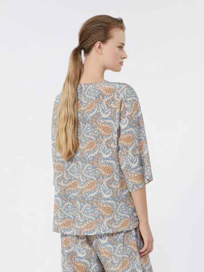Bedruckte Bluse aus Seidenkrepp, hellblau Bedruckte Bluse aus Seidenkrepp, hellblau