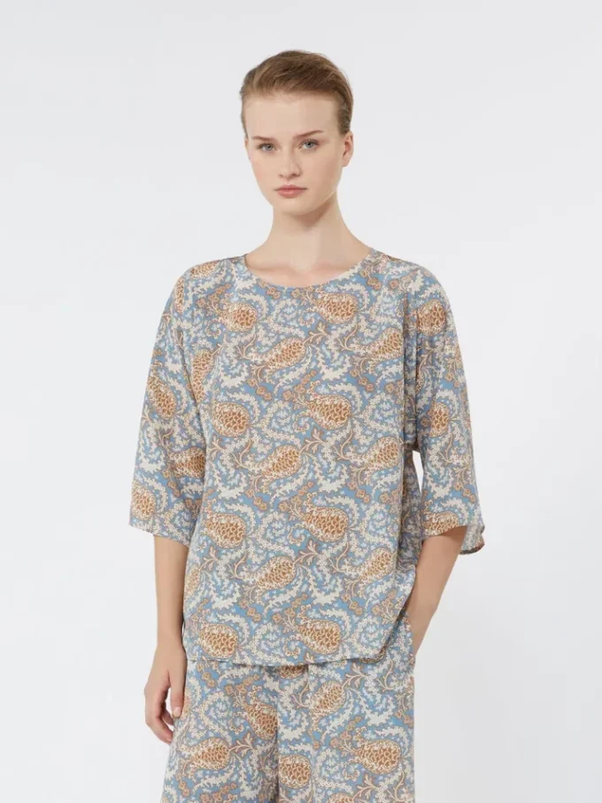 Bedruckte Bluse aus Seidenkrepp, hellblau Bedruckte Bluse aus Seidenkrepp, hellblau