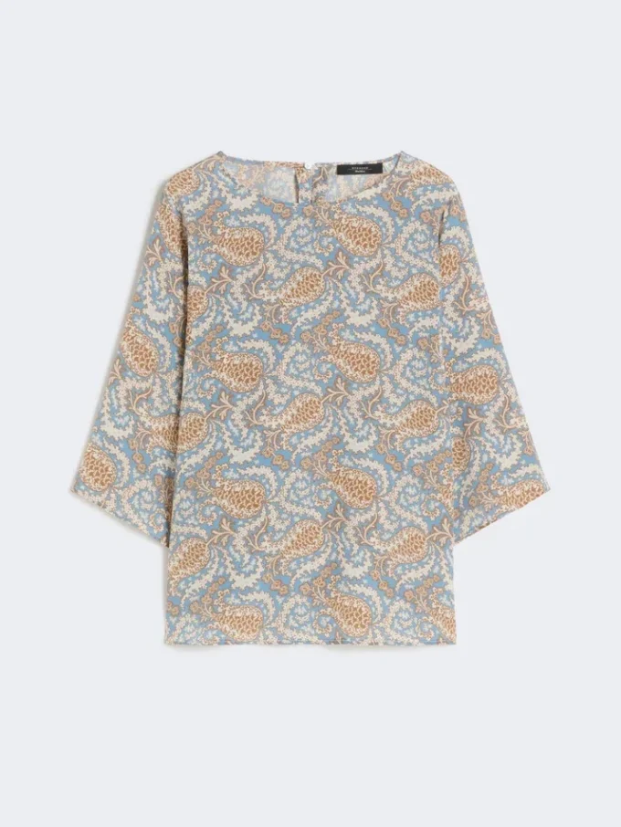 Bedruckte Bluse aus Seidenkrepp, hellblau Bedruckte Bluse aus Seidenkrepp, hellblau