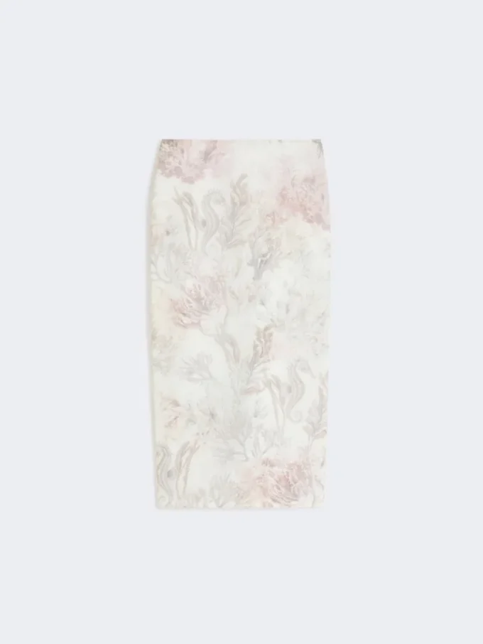 Bedruckter Bleistiftrock aus Organza und Gabardine, weiß