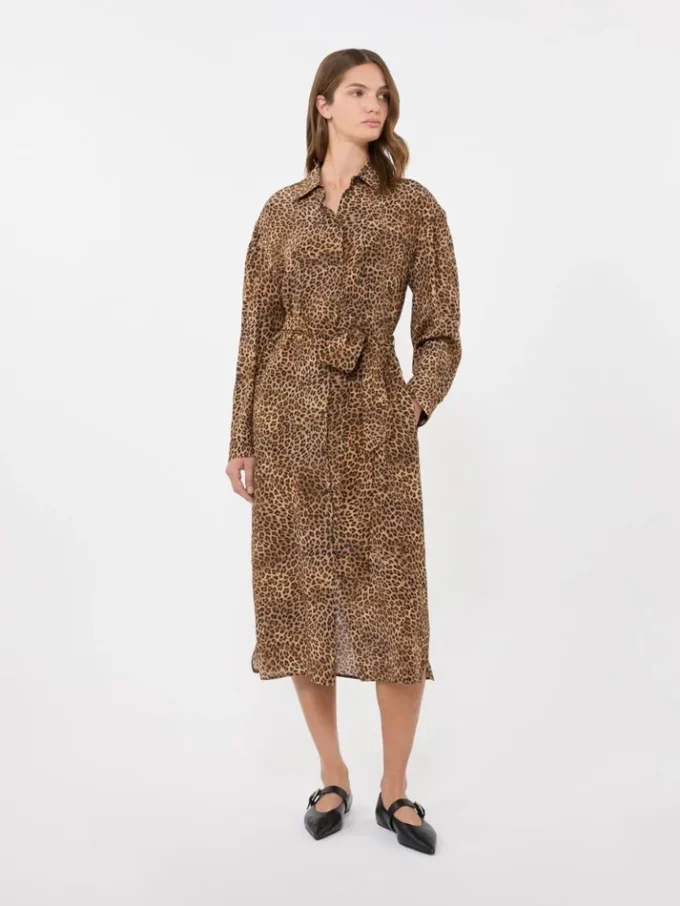 Bedrucktes Hemdkleid aus Seidenkrepp, kamelfarben Bedrucktes Hemdkleid aus Seidenkrepp, kamelfarben