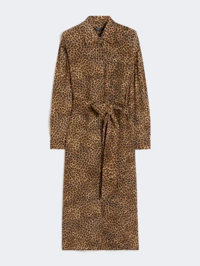 Bedrucktes Hemdkleid aus Seidenkrepp, kamelfarben Bedrucktes Hemdkleid aus Seidenkrepp, kamelfarben