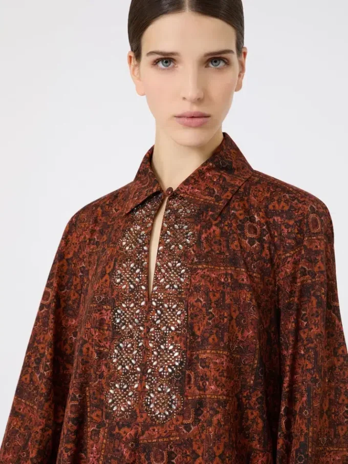 Bedrucktes Kaftankleid aus Baumwolle, karamellfarben Bedrucktes Kaftankleid aus Baumwolle, karamellfarben