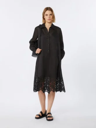 Besticktes Ramie-Gaze-Hemdkleid, schwarz Besticktes Ramie-Gaze-Hemdkleid, schwarz