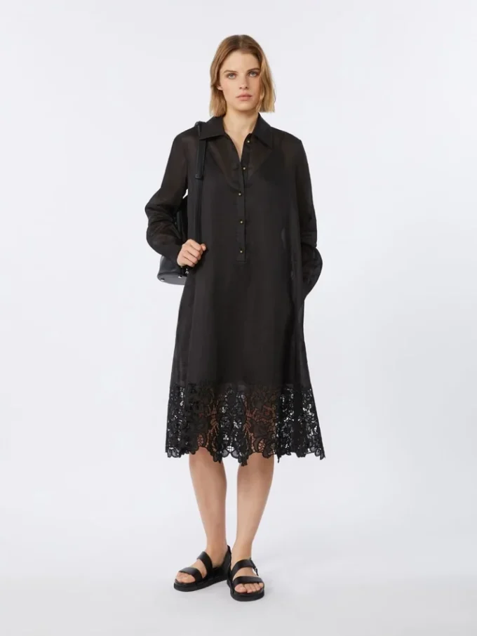 Besticktes Ramie-Gaze-Hemdkleid, schwarz Besticktes Ramie-Gaze-Hemdkleid, schwarz