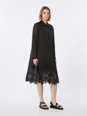 Besticktes Ramie-Gaze-Hemdkleid, schwarz Besticktes Ramie-Gaze-Hemdkleid, schwarz