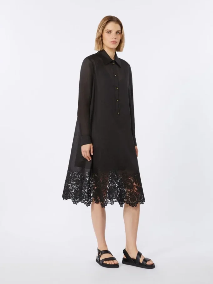 Besticktes Ramie-Gaze-Hemdkleid, schwarz Besticktes Ramie-Gaze-Hemdkleid, schwarz