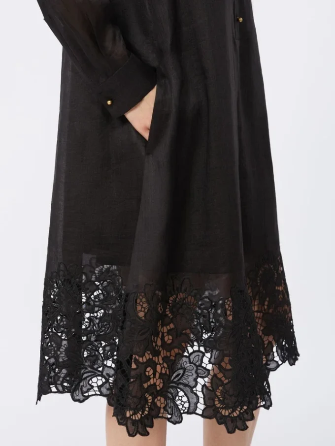 Besticktes Ramie-Gaze-Hemdkleid, schwarz Besticktes Ramie-Gaze-Hemdkleid, schwarz