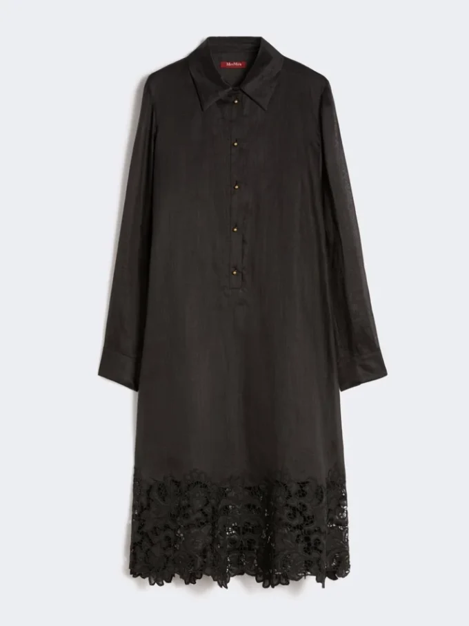 Besticktes Ramie-Gaze-Hemdkleid, schwarz Besticktes Ramie-Gaze-Hemdkleid, schwarz