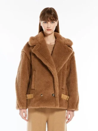 Bikerjacke aus Teddy-Stoff, kamelfarben