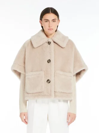Cape aus Alpaka- und Woll-Teddy-Stoff, beige