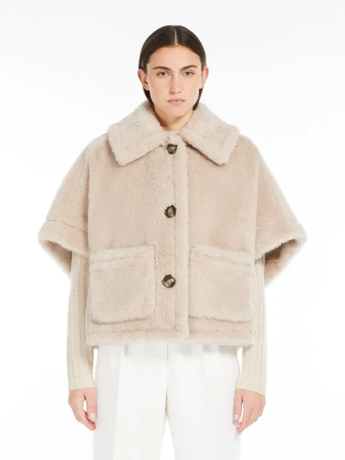 Cape aus Alpaka- und Woll-Teddy-Stoff, beige Cape aus Alpaka- und Woll-Teddy-Stoff, beige