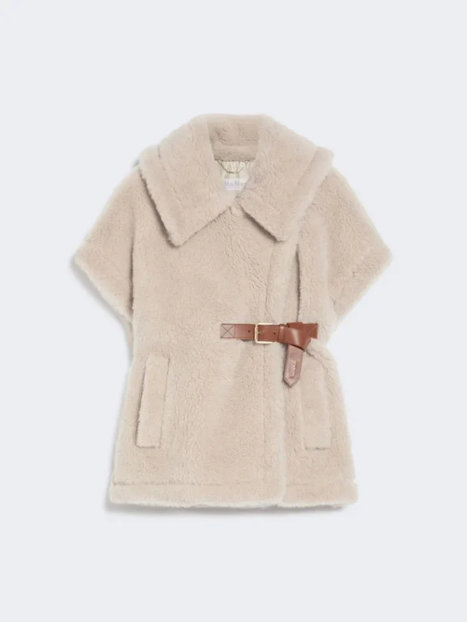 Cape aus Alpaka- und Woll-Teddy-Stoff, beige