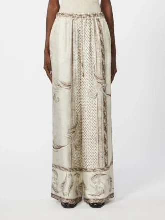 Fließende Seidenhose mit Print, Elfenbein