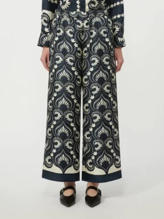 Fließende Seidenhose mit Print, marineblau