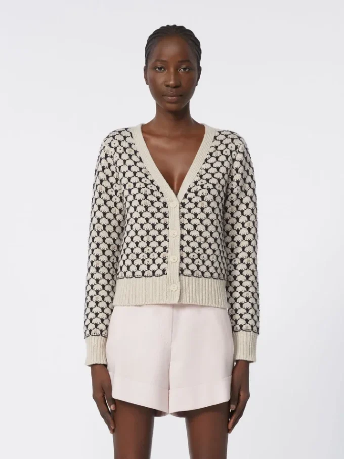Gemusterte Strickjacke aus Wolle und Kaschmir, beige Gemusterte Strickjacke aus Wolle und Kaschmir, beige