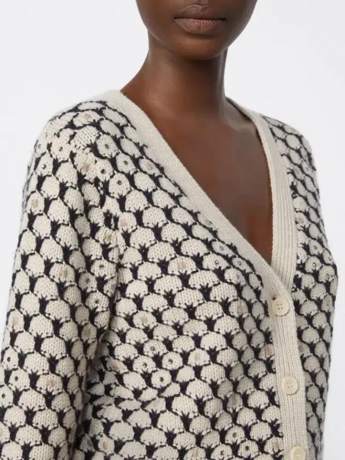 Gemusterte Strickjacke aus Wolle und Kaschmir, beige Gemusterte Strickjacke aus Wolle und Kaschmir, beige