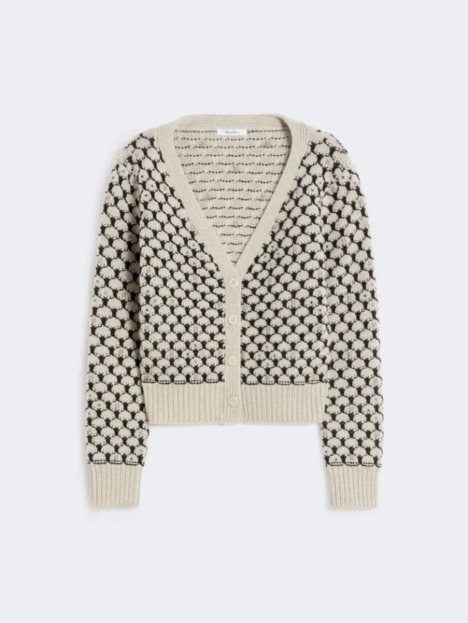 Gemusterte Strickjacke aus Wolle und Kaschmir, beige Gemusterte Strickjacke aus Wolle und Kaschmir, beige