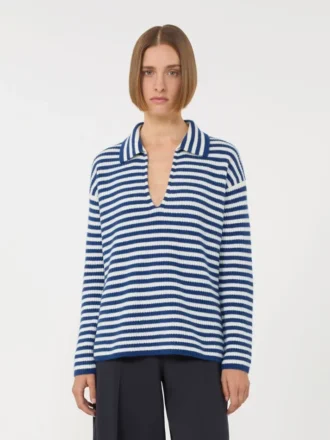 Gerippter Kaschmirpullover, weiß-blau