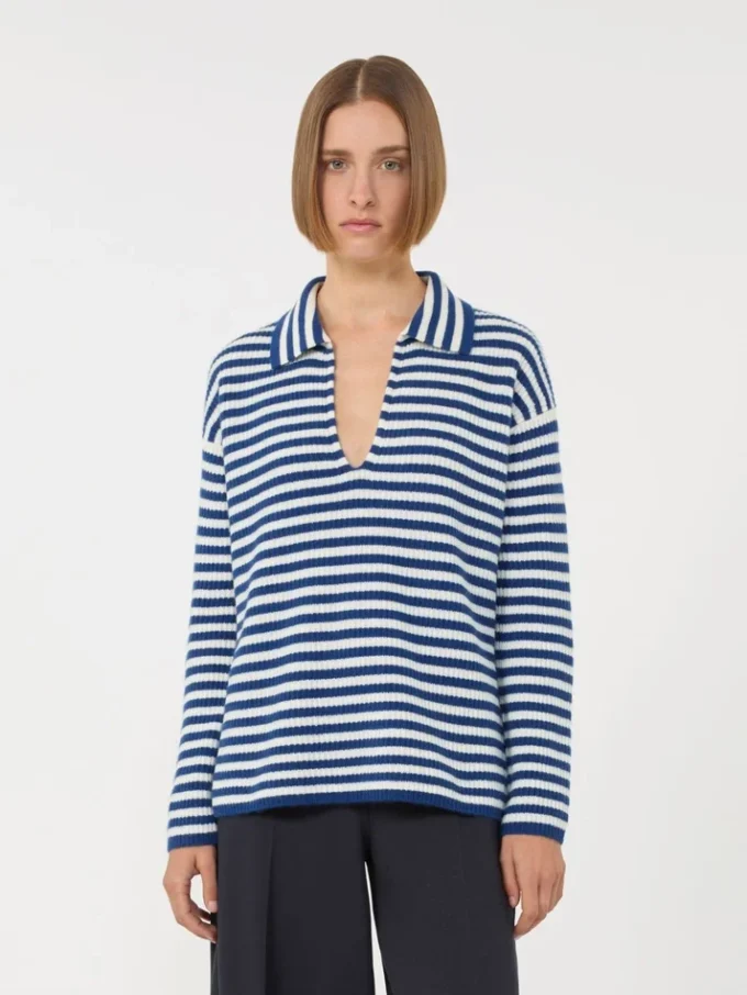 Gerippter Kaschmirpullover, weiß-blau Gerippter Kaschmirpullover, weiß-blau