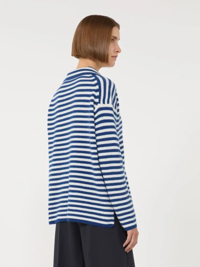 Gerippter Kaschmirpullover, weiß-blau Gerippter Kaschmirpullover, weiß-blau