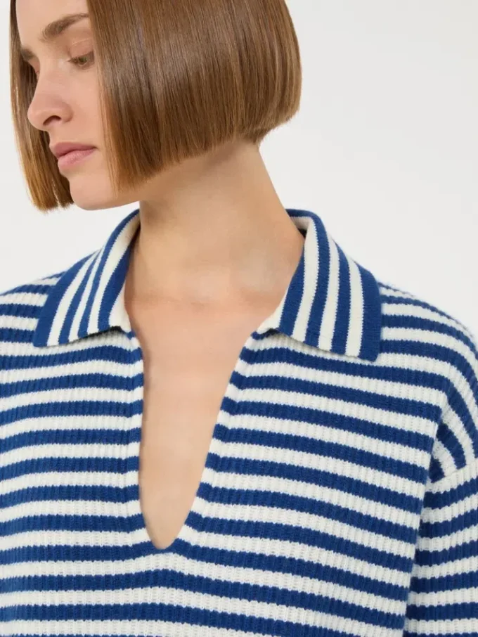 Gerippter Kaschmirpullover, weiß-blau Gerippter Kaschmirpullover, weiß-blau