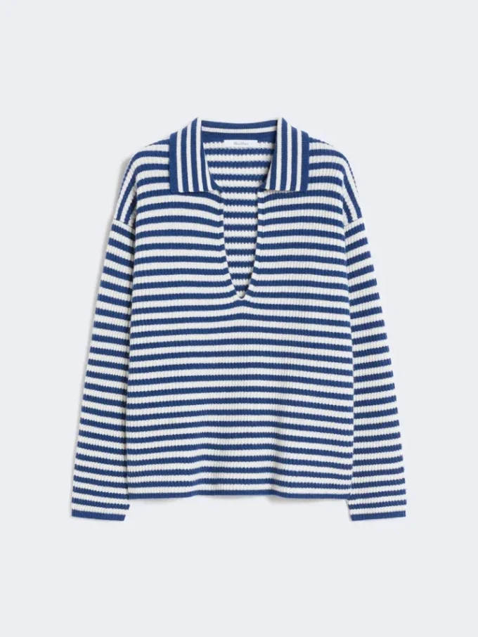 Gerippter Kaschmirpullover, weiß-blau Gerippter Kaschmirpullover, weiß-blau