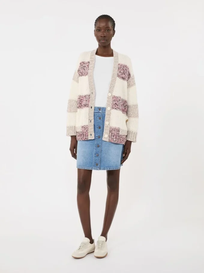 Gestreifter Cardigan aus Wolle und Baumwolle, sandfarben Gestreifter Cardigan aus Wolle und Baumwolle, sandfarben