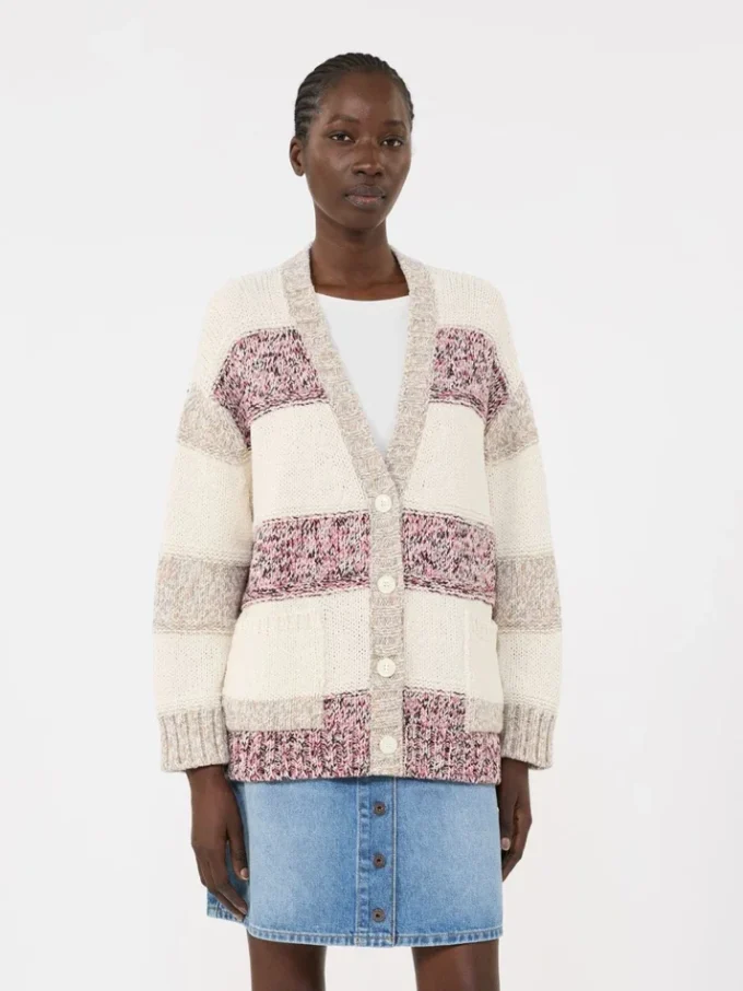 Gestreifter Cardigan aus Wolle und Baumwolle, sandfarben Gestreifter Cardigan aus Wolle und Baumwolle, sandfarben