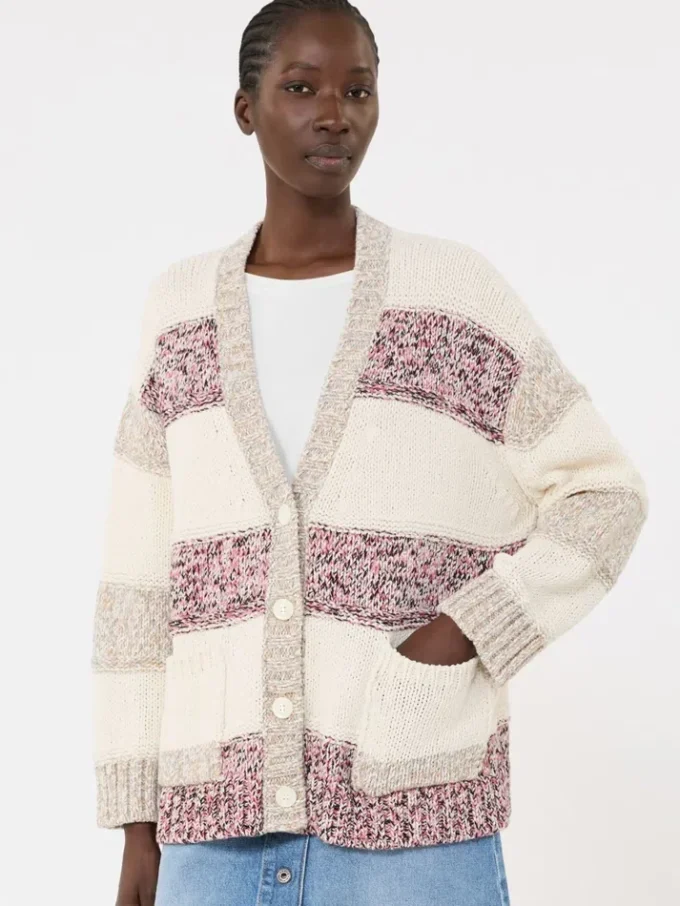 Gestreifter Cardigan aus Wolle und Baumwolle, sandfarben Gestreifter Cardigan aus Wolle und Baumwolle, sandfarben