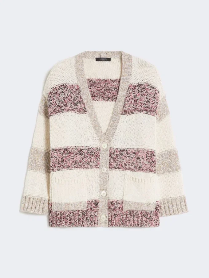 Gestreifter Cardigan aus Wolle und Baumwolle, sandfarben Gestreifter Cardigan aus Wolle und Baumwolle, sandfarben