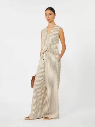 Weit geschnittene Hose aus gestreiftem Baumwoll- und Seiden-Canvas, beige