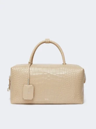 Große Boston-Tasche aus Leder mit Krokodilprägung, Eis