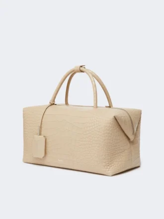 Große Boston-Tasche aus Leder mit Krokodilprägung, Eis