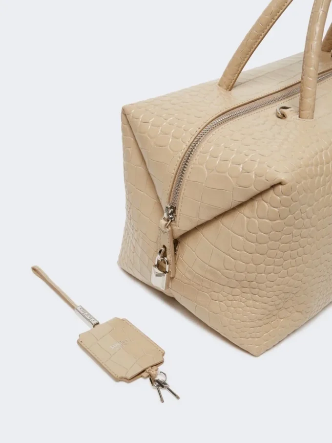 Große Boston-Tasche aus Leder mit Krokodilprägung, Eis