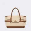 Handtasche aus Baumwoll-Canvas und Leder, puderfarben Handtasche aus Baumwoll-Canvas und Leder, puderfarben
