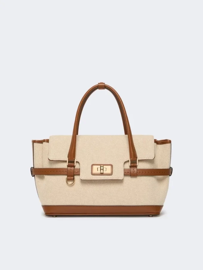 Handtasche aus Baumwoll-Canvas und Leder, puderfarben Handtasche aus Baumwoll-Canvas und Leder, puderfarben