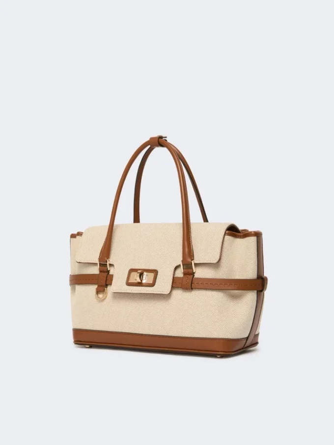 Handtasche aus Baumwoll-Canvas und Leder, puderfarben Handtasche aus Baumwoll-Canvas und Leder, puderfarben
