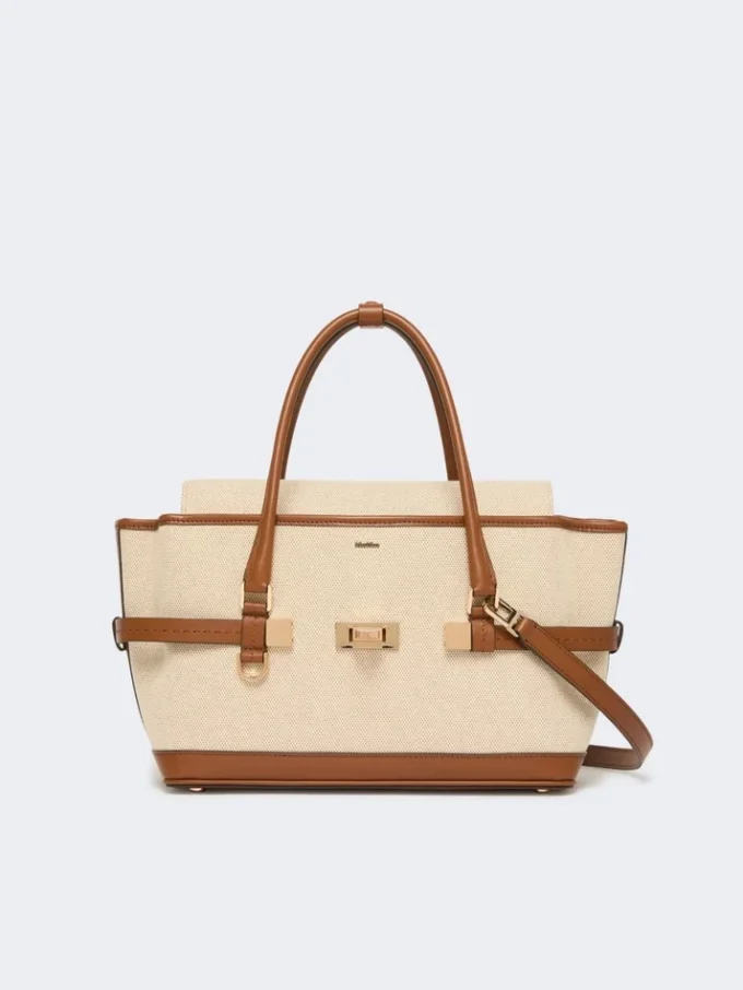 Handtasche aus Baumwoll-Canvas und Leder, puderfarben Handtasche aus Baumwoll-Canvas und Leder, puderfarben