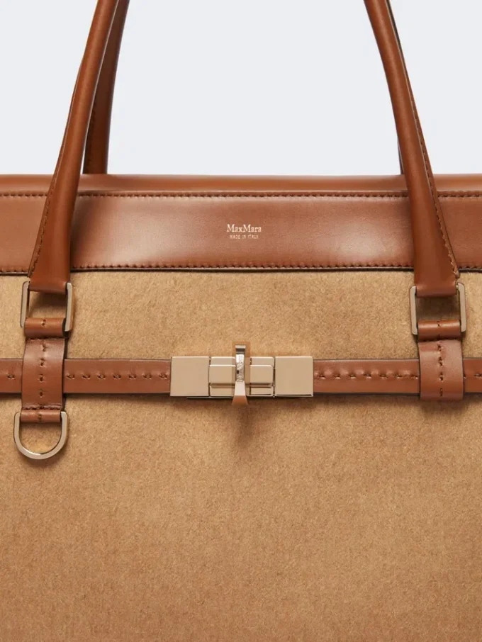 Handtasche aus Kamel- und Leder, kamelfarben Handtasche aus Kamel- und Leder, kamelfarben